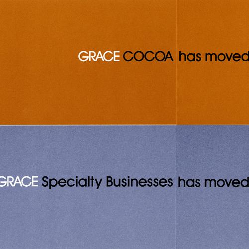 Announcements and invitations, Booklet/Brochure depicts: "Grace Cocoa has moved!" written on an orange rectangle, underneath is a blue rectangle that says "Grace Specialty Businesses has moved"