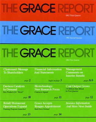 Annual Reports and Corporate Communications depicts: "The Grace Report" is written across the top of a magazine cover, once in a block of red, once in a block of blue, and once in a block of green that continues down the remainder of the cover 