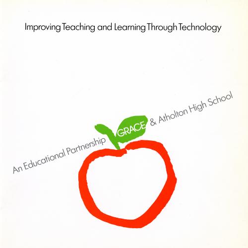 Announcements and invitations, Booklet/Brochure depicts: Outline illustration of a red apple with a green leaf and stem. "Grace" is written on the leaf, with other text on either side of it 