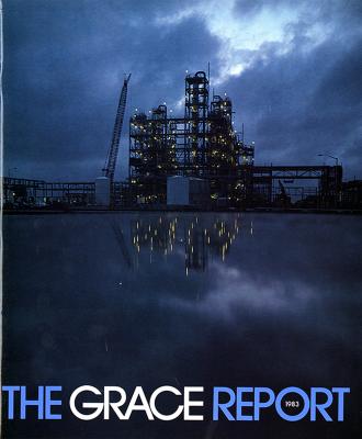 Annual Reports and Corporate Communications depicts: Some sort of industrial structure sits next to a pond at dusk, the lights of the structure are reflected into the water