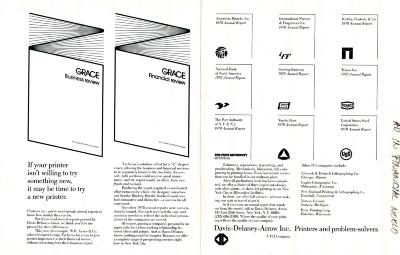 Annual Reports and Corporate Communications depicts: Two minimal illustrations showcasing a "Z" shaped fold out booklet, to the right are various companies and logos 