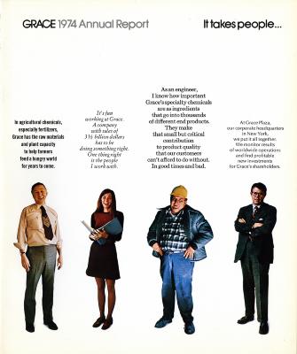 Annual Reports and Corporate Communications depicts: Four people stand dressed in varying work clothes, above them is a text description of their job at the company Grace 