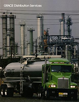 Booklet/Brochure depicts: An 18 wheeler seen in front of industrial buildings and machinery 