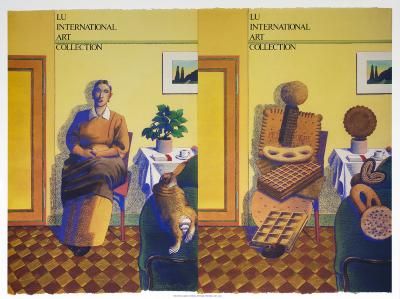 Posters depicts: On left side, portrait of woman and rabbit, on right side the same portraits rendered in cookies
