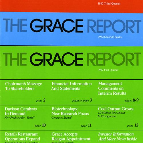 Annual Reports and Corporate Communications depicts: "The Grace Report" is written across the top of a magazine cover, once in a block of red, once in a block of blue, and once in a block of green that continues down the remainder of the cover 