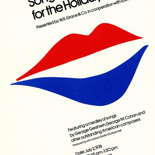 Announcements and invitations, Booklet/Brochure depicts: A minimalist pair of lips, the top lip is a red cutout, the bottom is a blue cutout. Text is above and below the lips 