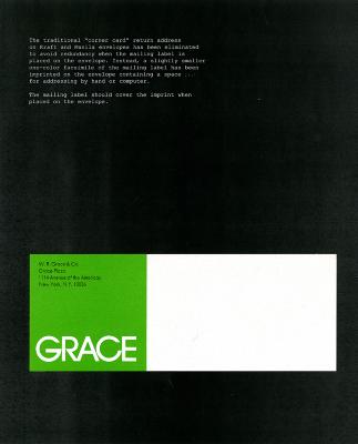 Annual Reports and Corporate Communications, Booklet/Brochure, Letterheads/Stationery depicts: Green and white rectangle on a black background, "Grace" is on the green part of the rectangle 