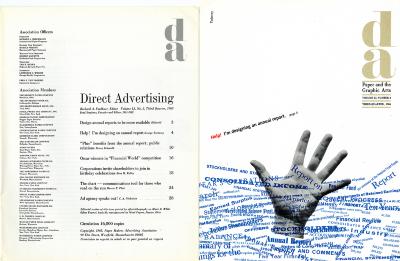 Annual Reports and Corporate Communications depicts: A collaged hand extends out of a "sea" of chaotic blue text saying things like "financial report" "consolidated income" etc