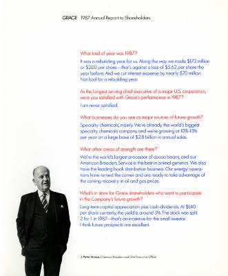 Annual Reports and Corporate Communications depicts: An older man in a suit stands with his hands in his pockets, a block of red and blue text is to his right 