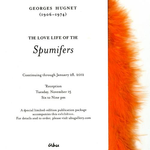 Announcements and invitations depicts: Gallery announcement invitation with an orange fluffy piece of fabric tied to the top 