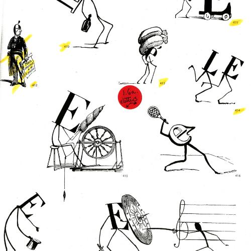 Typefaces depicts: The letter E, L, D, and A drawn as stick figures doing carious things, drinking, fighting, playing tennis, etc