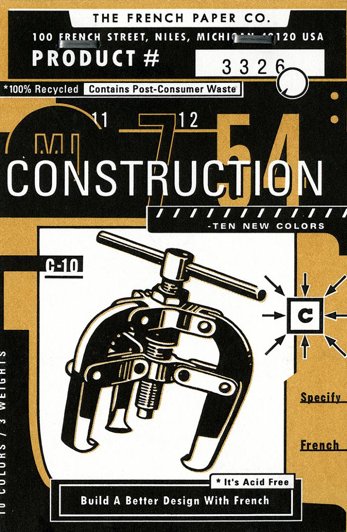 Booklet/Brochure, Paper sample/swatch books depicts: Packaging with a black and white illustration of some sort of mechanical lever contraption  