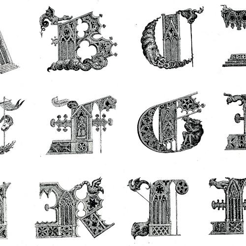 Typefaces depicts: The letters A-M drawn using gothic cathedral architectural designs 