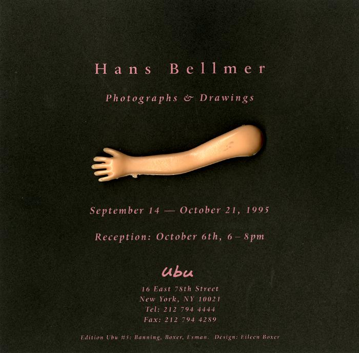 Announcements and invitations depicts: Plastic doll arm on a black background with gallery announcement text around it 