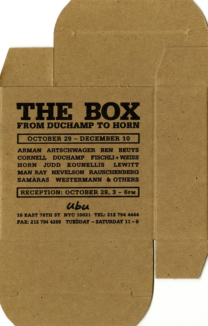Announcements and invitations depicts: Brown box laid flat with gallery invite information printed on it 