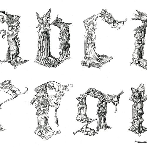 Typefaces depicts: The letters A-H drawn as religious and mythological figures 