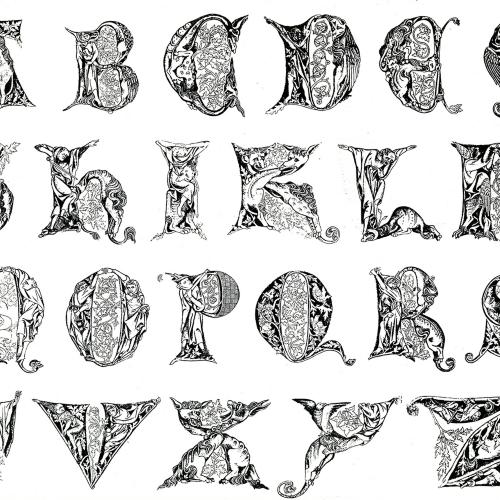 Typefaces depicts: The letters The letters A-Z drawn as medieval illustrations and decoration  