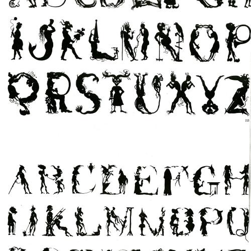 Typefaces depicts: Two sets of the letters The letters A-Z drawn as silhouettes of demons and creatures posing 