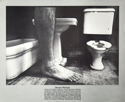 Posters depicts: Man's leg and foot next to sink and toilet