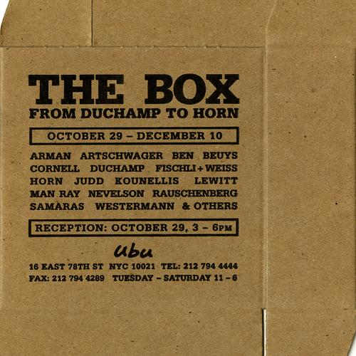 Announcements and invitations depicts: Brown box laid flat with gallery invite information printed on it 