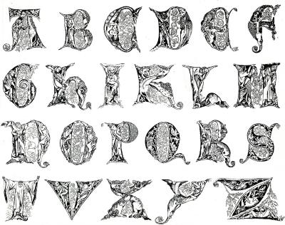 Typefaces depicts: The letters The letters A-Z drawn as medieval illustrations and decoration  