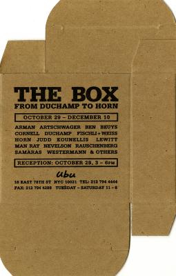Announcements and invitations depicts: Brown box laid flat with gallery invite information printed on it 