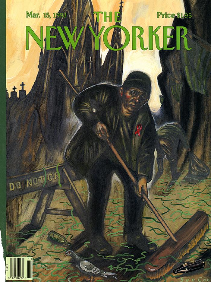 Serial Publications depicts: Dark and dull painting of a sullen looking man sweeping green confetti and trash from the street, he is wearing a red ribbon 