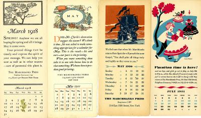 Paper sample/swatch books depicts: Four calendar pamphlets, each featuring a different illustration, one of a tree with birds, one of a town, one of a large ship at sea, and one of a boy and girl dancing with others running in the background 