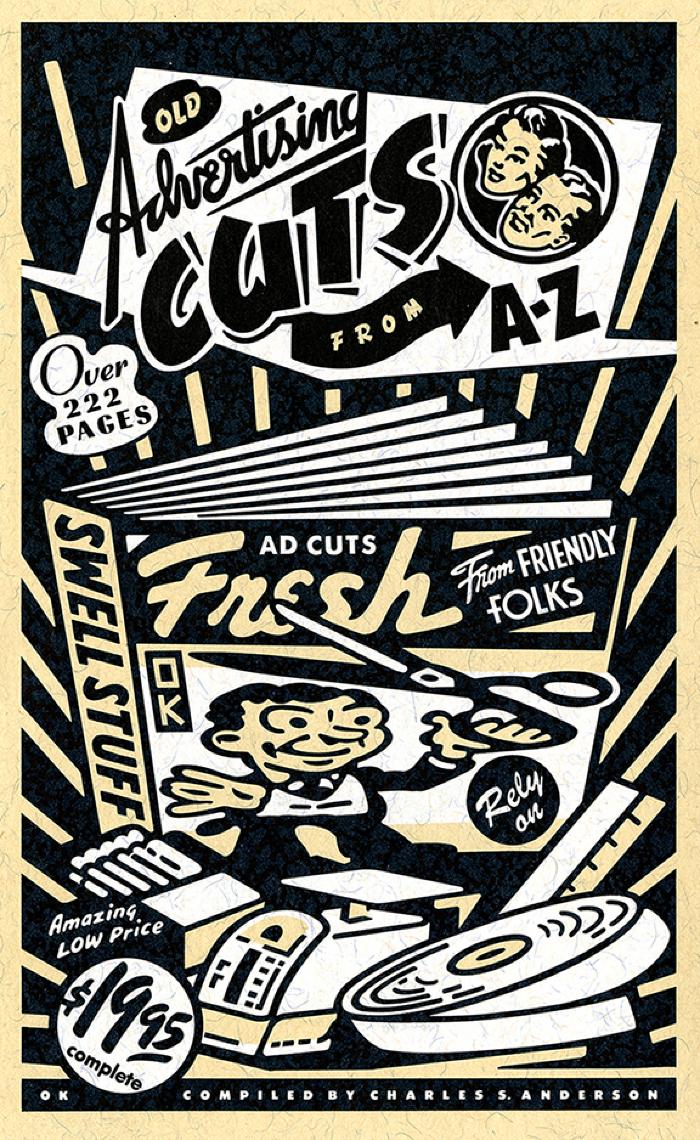 Booklet/Brochure, Paper sample/swatch books depicts: A vintage cartoon style illustration of tape, a scale, a box of matches, and a book with a man holding a large pair of scissors on the cover 