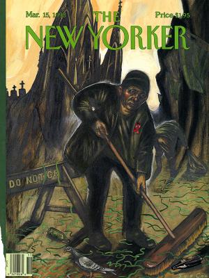Serial Publications depicts: Dark and dull painting of a sullen looking man sweeping green confetti and trash from the street, he is wearing a red ribbon 