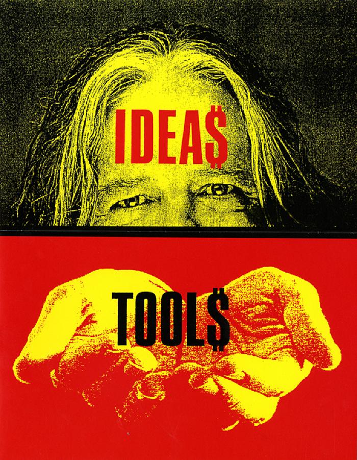Booklet/Brochure depicts: A man's forehead with the phrase "ideas" in block print over it, and underneath two hands cupped with the phrase "tools" in block print over it