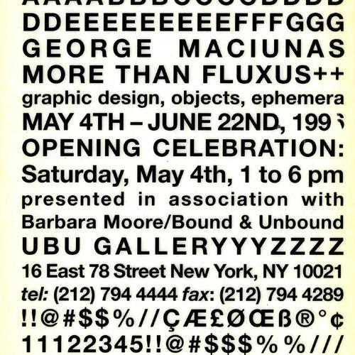 Announcements and invitations depicts: Opening reception invite mixed into a typographic block of the alphabet and symbols 