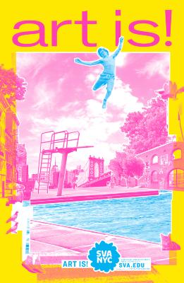 Posters depicts: Blue boy leaping into pool against pink city background.