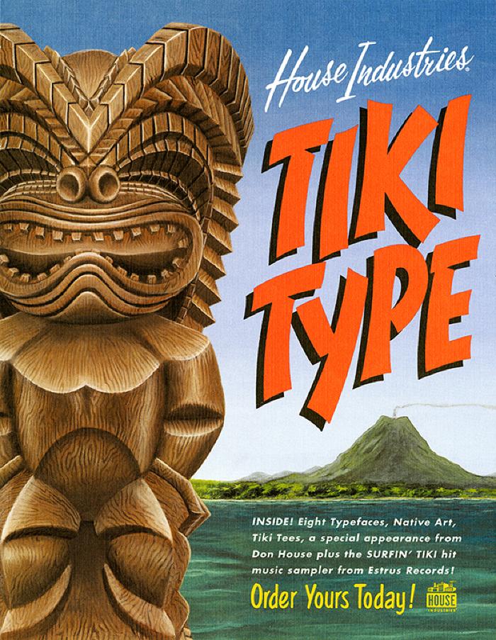 Booklet/Brochure, Transcripts depicts: Wooden tiki statue stands in front of an island volcano background 