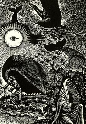 Linoleum carving of many whales "swimming" in the sky, the sun with an eyeball, and two old men in robes, both looking to the sky 