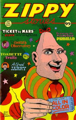 Serial Publications depicts: Cartoon illustration of pinhead wearing a clown outfit and holding a ticket that says "All in color"