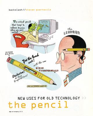 Clippings/Tearsheets depicts: Three cartoon illustrations of a sickly green man sitting at a computer, one of a man's head with a pencil behind his hear, corded to a device in his ear, and another of a high tech pencil diagram 