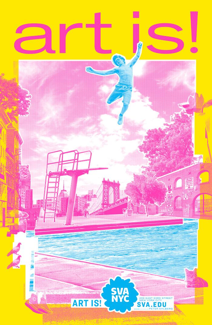 Posters depicts: Blue boy leaping into pool against pink city background.