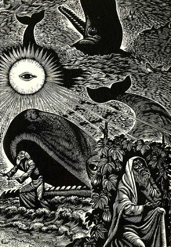 Linoleum carving of many whales "swimming" in the sky, the sun with an eyeball, and two old men in robes, both looking to the sky 