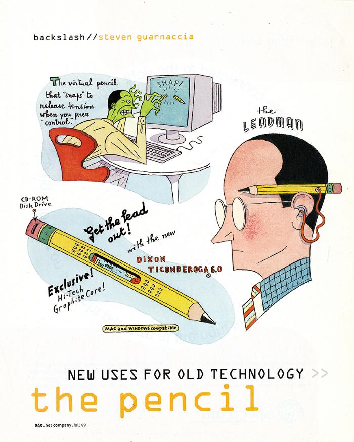Clippings/Tearsheets depicts: Three cartoon illustrations of a sickly green man sitting at a computer, one of a man's head with a pencil behind his hear, corded to a device in his ear, and another of a high tech pencil diagram 