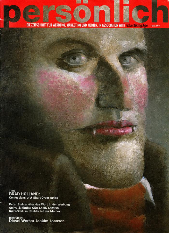 Painting of a close up portrait of a man with vampire teeth 