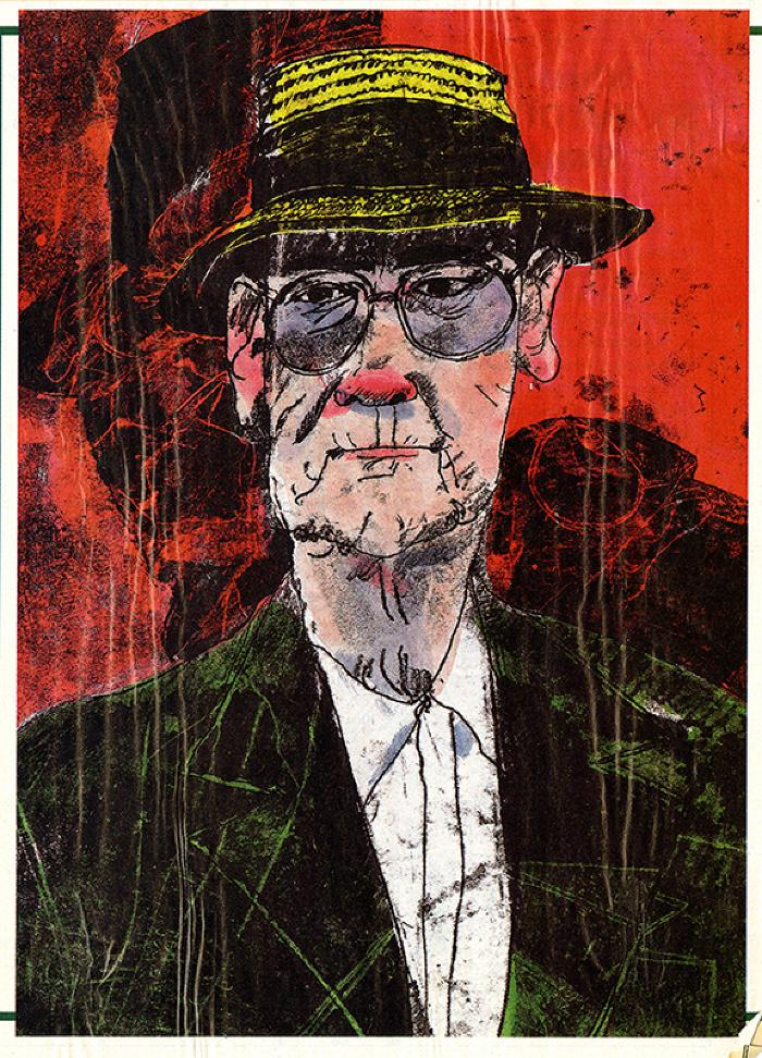 Prints depicts: Illustration of the portrait of a man with glasses and a hat on a red background 