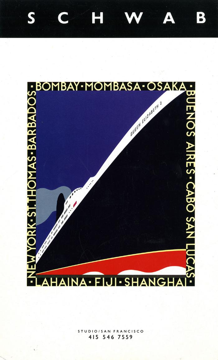 Cards depicts: Minimalist illustration of the side of a large ship seen from below, names of international cities border the illustration 