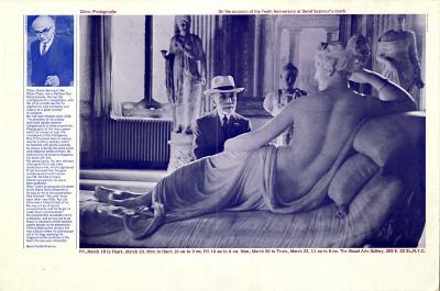 Posters depicts: Photograph of a man looking at a classical sculpture to the right of a small portrait of David Seymour and biographical note by Henri Cartier-Bresson