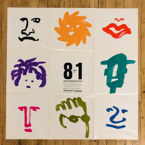 Calendars, Posters depicts: Poster with 9 panels, on the 8 around the border are abstract minimal painted faces, in the middle panel it says "8+1" 