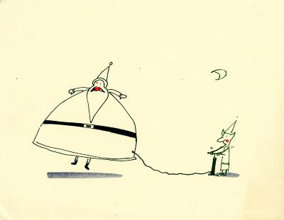 Cards depicts: Cartoon illustration of an elf blowing up Santa with a pump 