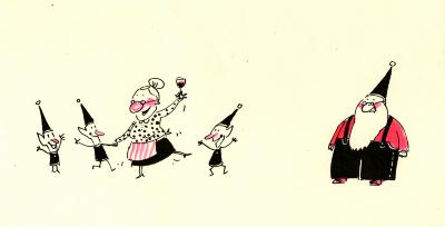 Cards depicts: Cartoon illustration of Mrs. Claus holding a glass of wine and dancing with three elves, Santa looks on with a frown 