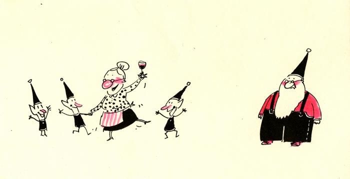 Cards depicts: Cartoon illustration of Mrs. Claus holding a glass of wine and dancing with three elves, Santa looks on with a frown 