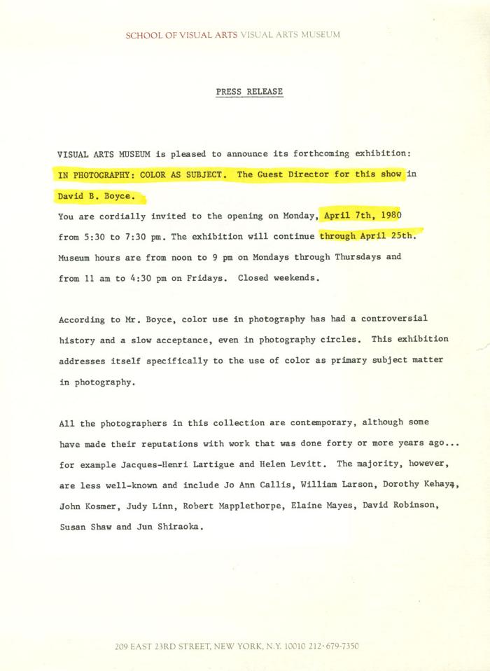 Press Releases depicts: Typewritten description of exhibition