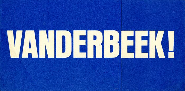 Cards depicts: the name vanderbeek in white, all-caps, followed by an exclamation point, on a blue background